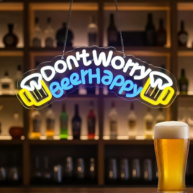 Don't Worry Beer Happy Neon Sign, Bar Sign, Beer Neon Sign, USB Powered by YourVibeYourNeon