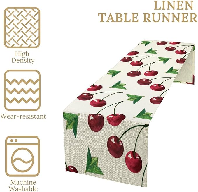 Red Cherry Table Runner Watercolor Tropical Fruit Spring Summer Wild Berry - Image 4