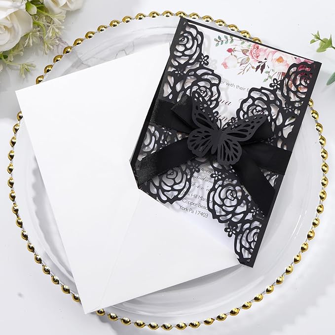 50pcs Black Wedding Invitation Kit Butterfly Laser Cut Invittations Pocket - Image 3