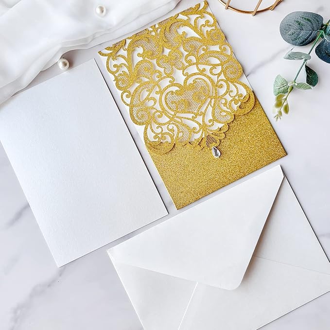 Hosmsua 5.12 x 7.3 50pcs Personalized Gold Laser Cut Flora Wedding Invitation - Image 6