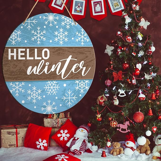 Muktoujaumai Hello Winter Sign Front Door Decor, Christmas Round Hanging Sign - Image 5