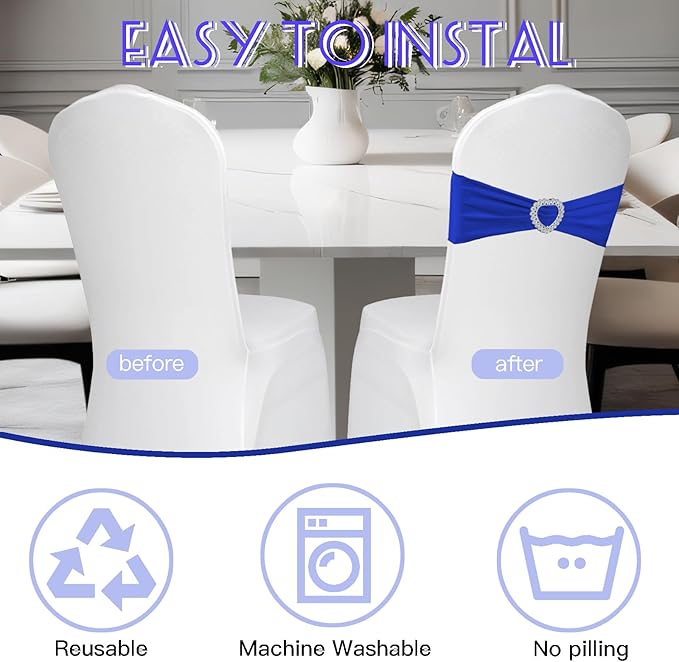 100PCS Spandex Stretch Royal Blue Chair Sashes Bows Universal Elastic Chair - Image 4