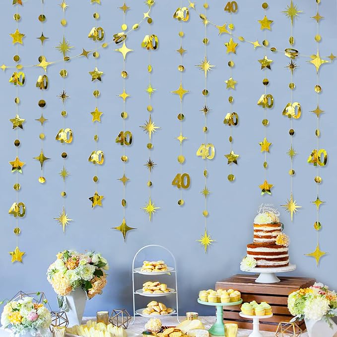 Gold 40th Birthday Decorations Number 40 Circle Dot Twinkle Star Garland - Image 4