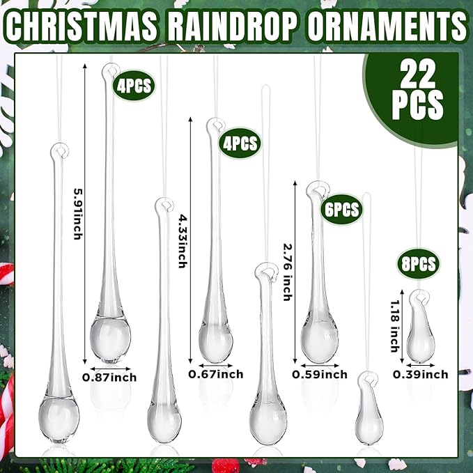 22 Pcs Clear Glass Teardrop Christmas Ornaments Crystal Raindrop Hanging - Image 2