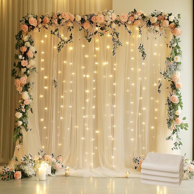 Tulle Backdrop Curtain with Lights String 20 X 8FT Champagne Sheer Tulle by Xiomot