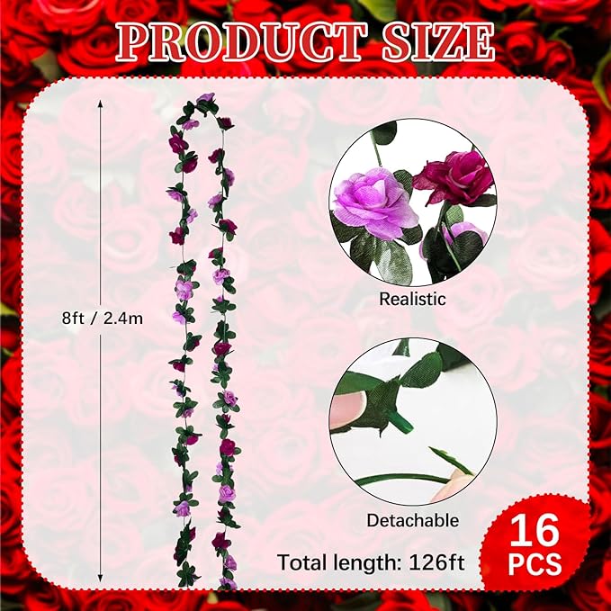 16Pcs 126Ft Purple Rose Garland, Fake Rose Hanging Flowers, Artificial Flower - Image 2