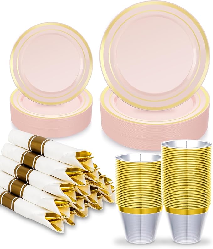 175PCS Pink Plastic Dinnerware Set, Disposable Party Plates - Image 4