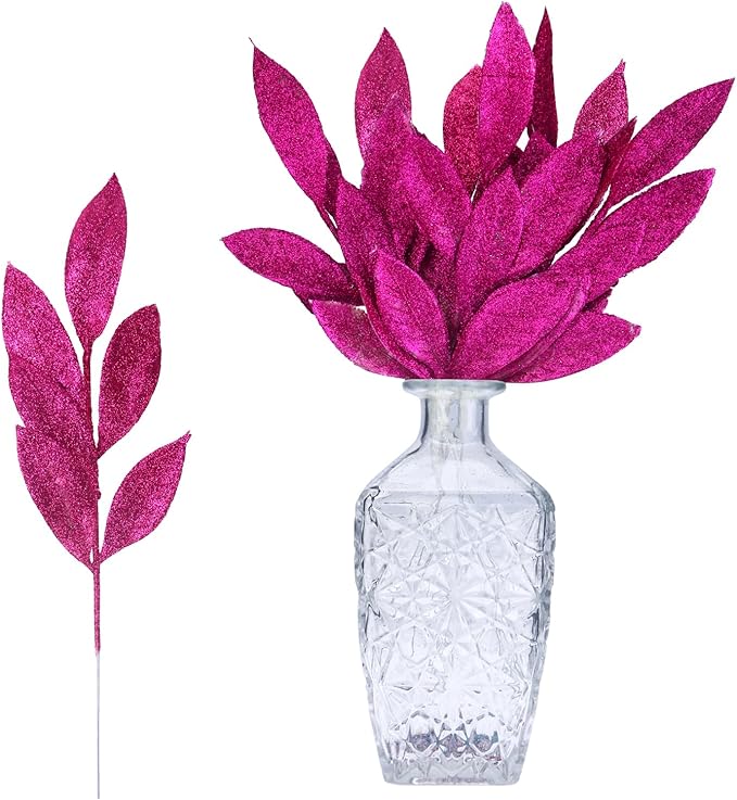 GREENTIME 12 Pack Artificial Rose Red Glitter Leaves 13" Fake Christmas Picks by Greentime