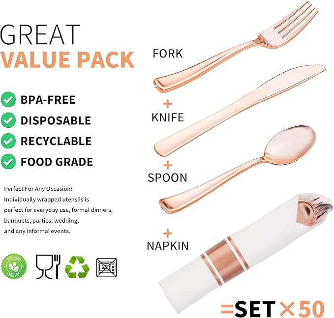 50 Pack Pre Rolled Rose Gold Plastic Silverware Set - Image 4