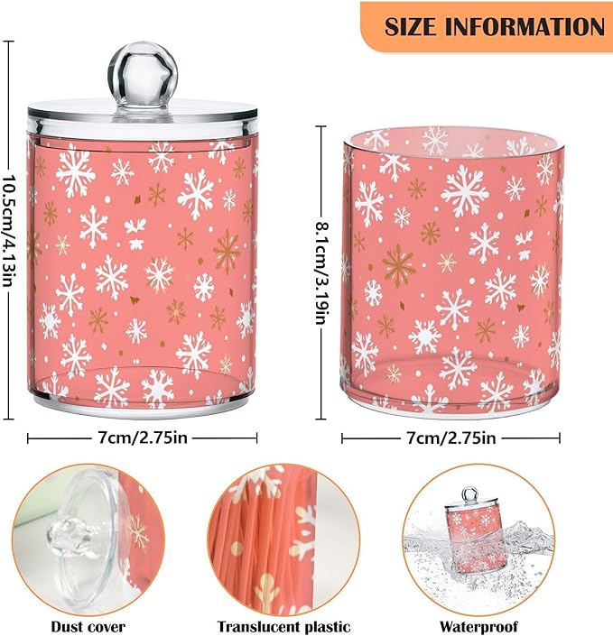 Gredecor 2 Pack Qtip Holder Clear Christmas Golden Pink Snowflakes Apothecary - Image 2