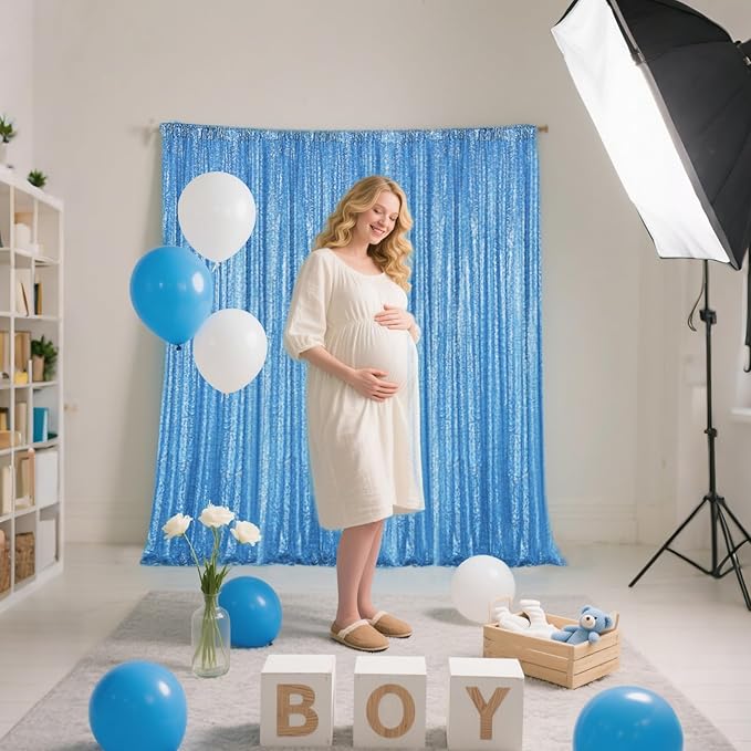Blue Sequin Backdrop Curtain 2 Pieces 2FTx8FT Glitter Photography Backdrop - Image 2