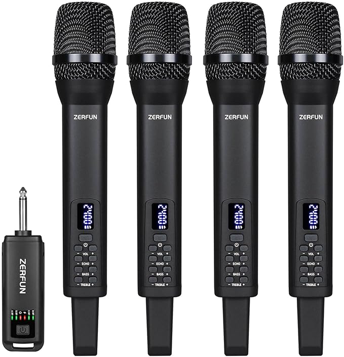 4 Rechargeable Wireless Microphones, Pro Handheld Cordless Mics System by ZERFUN