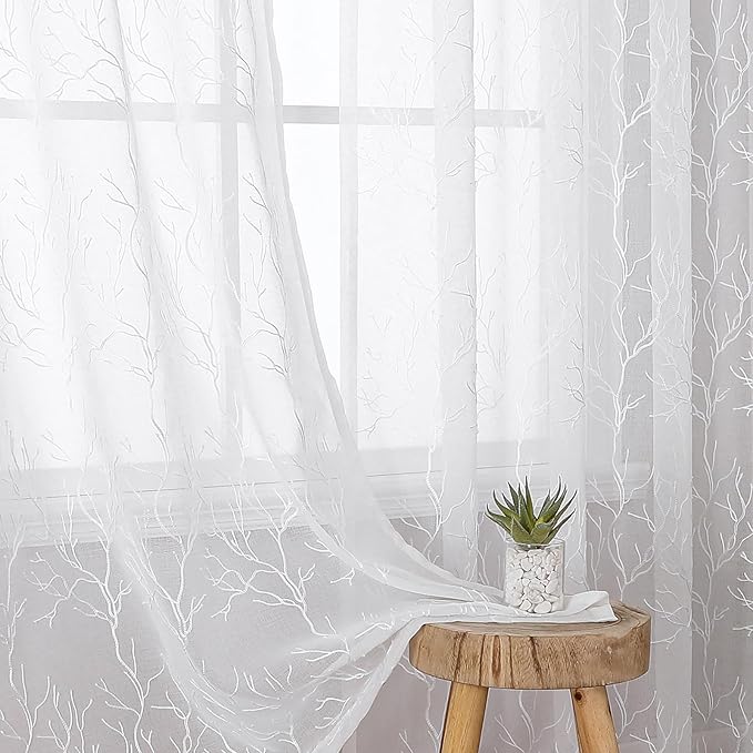 VISIONTEX Sheer Curtains 84 inch Length 2 Panels Set, Decorative White Coral by VISIONTEX