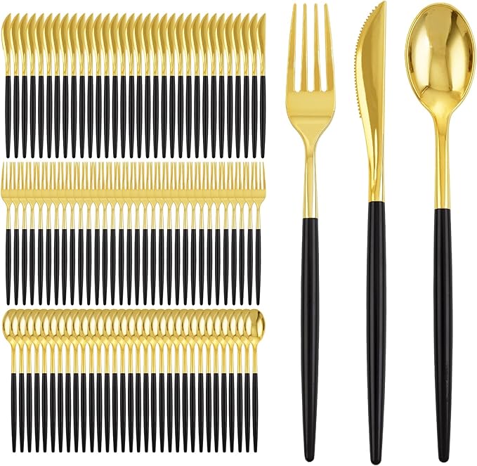 I00000 300Pcs Black Plastic Silverware, Happy New Year Gold Disposable by I00000