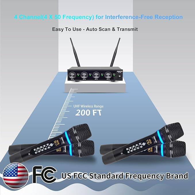 4 Channel Rechargeable Wireless Microphone System, Pro UHF Metal Handheld - Image 8