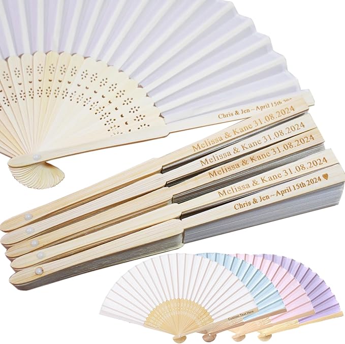 Personalized Engraved White Silk Fans Folding Hand Fans, Summer Wedding Fans by HaEnLab