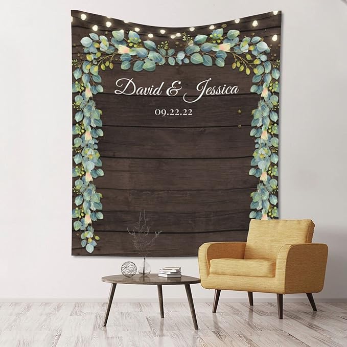 Wedding Backdrop for Reception, Rustic Wood Green Leaf Banner, Custom Tapestry - Image 3