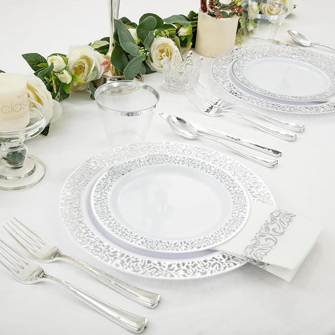 WELLIFE 350pcs Silver Party Dinnerware Set - Image 5