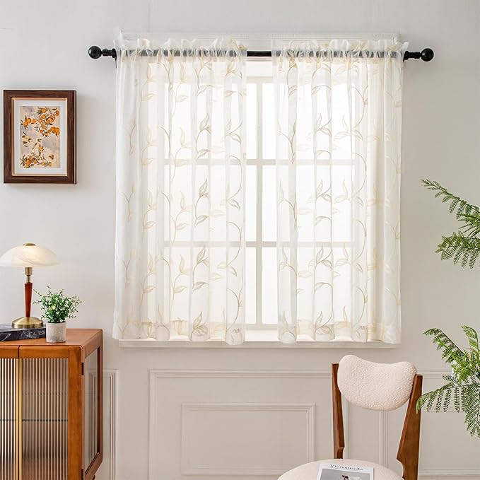 VISIONTEX Sheer Curtains 54 inch Length 2 Panels Set, Rod Pocket Embroidered by VISIONTEX
