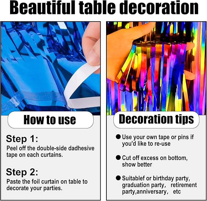 3 Pack 29 x108 Inch Rainbow Foil Fringe Table Skirts Metallic Banner - Image 3