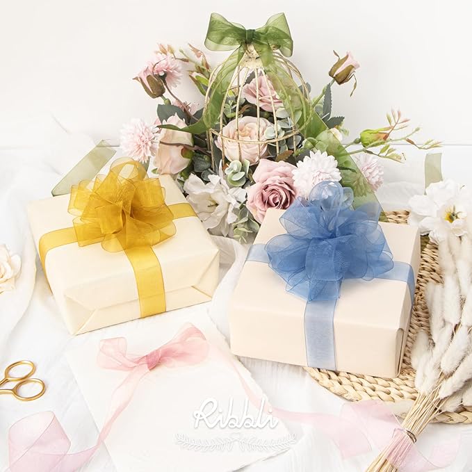 Ribbli 8 Rolls Organza Ribbon 1 Inches Total 80 Yard White Ivory Champagne Gold - Image 4