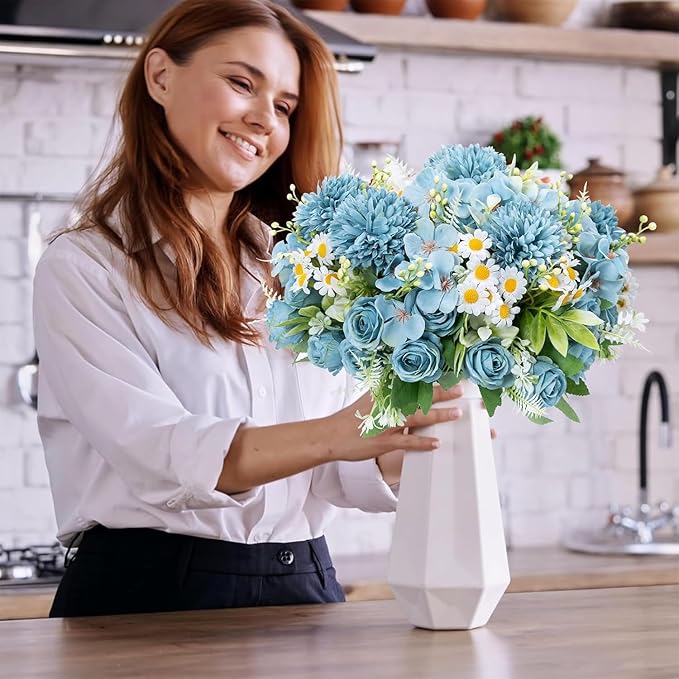 12 Bundles Artificial Flowers Blue Fake Rose Flower Mixed Chrysanthemum - Image 4