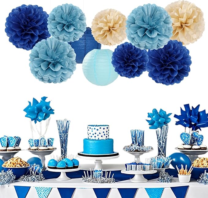 Dusty-Navy Blue Champagne-Gold Paper-Flowers Lanterns - Image 4