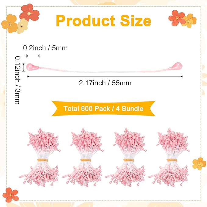 600-Pack Flower Stamens for Crafts, 5mm Double Heads Artificial Pearl Floral - Image 3