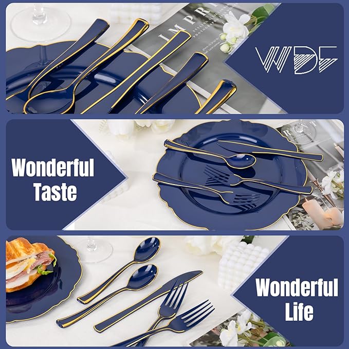 WDF 180PCS Blue Plastic Silverware -Blue and Gold Plastic Cutlery 60 Forks - Image 5