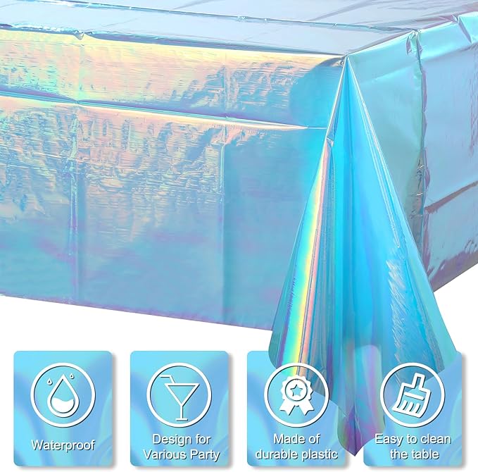 FunnyPars 1 Pack Iridescent Blue Plastic Tablecloth, Shiny Blue Disposable - Image 3