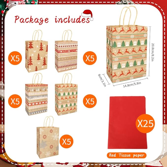 STPIYFZU Christmas Gift Bags, 25 Pack Small Christmas Gift Bags - Image 3