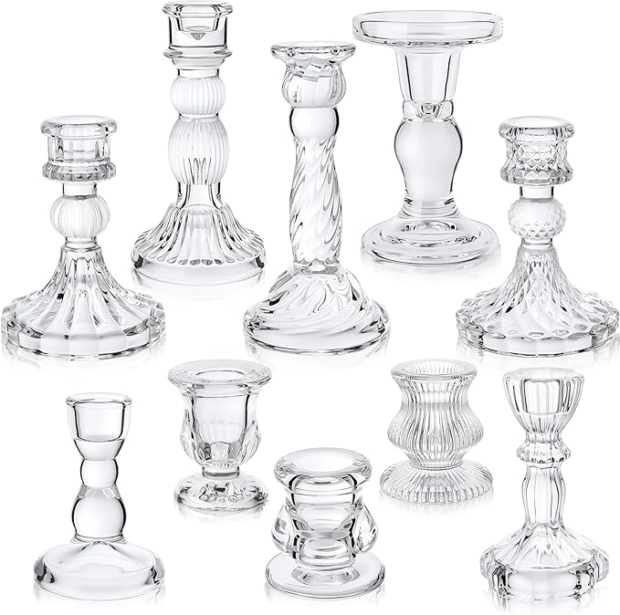 Mumufy 10 Pcs Glass Crystal Taper Candle Holders Clear Glass Candlestick Holder by Mumufy