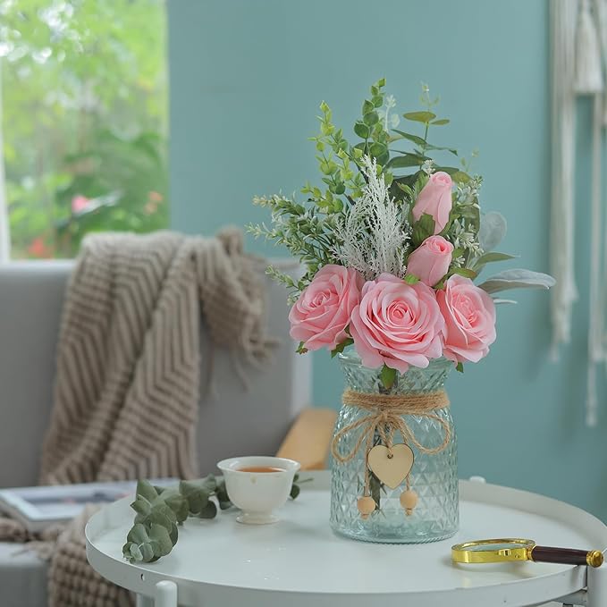 Faux Flowers with Vase, Artificial Silk Roses in Vase, Fake Plant Eucalyptus - Image 5