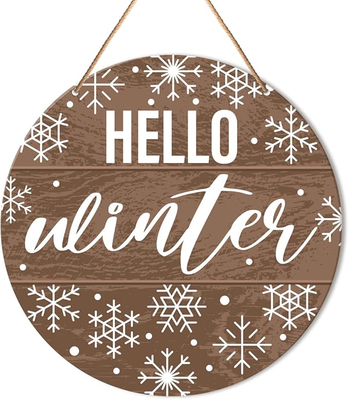 Muktoujaumai Hello Winter Sign Front Door Decor, Christmas Round Hanging Sign by Muktoujaumai