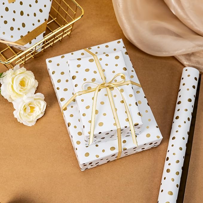 Burymento Golden Lrregular Wave Point Wrapping Paper, Reversible Gold Gift Wrap - Image 7