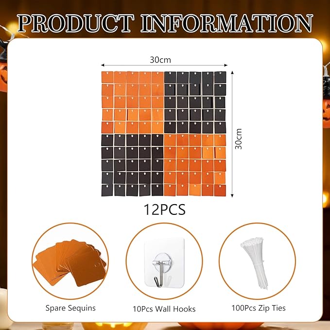 12PCS Black Orange Shimmer Wall Backdrop, Square Sequin Photo Backdrops Panel - Image 2