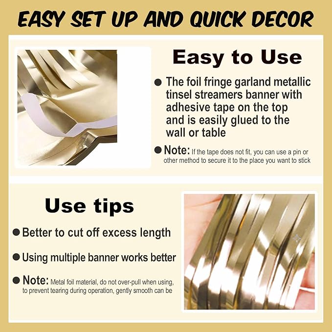 4 Pack 10 Ft Light Gold Foil Fringe Garland Metallic Streamers Tinsel Banner - Image 3