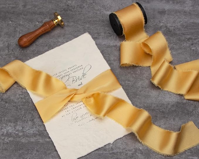 Ribbli Gold Silk Satin Ribbon 1.5 Inch x 12 Yard Handmade Frayed Chiffon Ribbon - Image 3