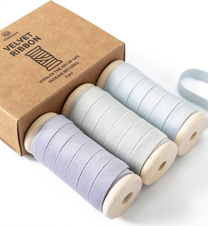 Vitalizart Velvet Ribbon Set 3/8" x 15 Yd Wooden Spool Fabric Trim 3 Rolls * 5 by Vitalizart