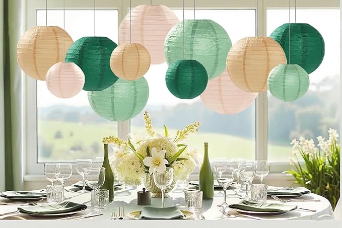 Sage Green Paper Lanterns Decorative 12pcs Party Hanging Decorations - Image 2