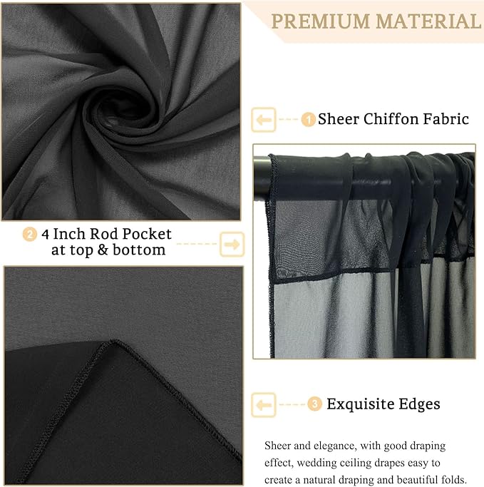 MODFUNS Black Ceiling Drapes Wedding Arch Drapery 5x30ft 4 Panels Chiffon Sheer - Image 4