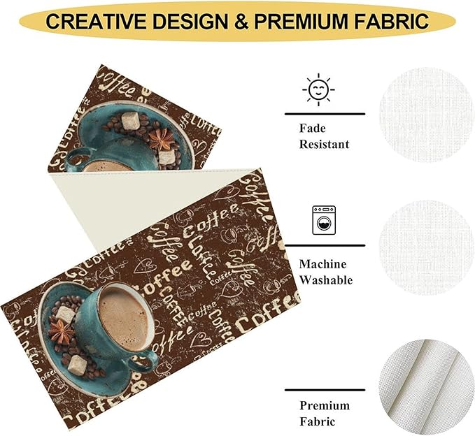 Coffee Theme Table Runner, Farmhouse Retro Brown Coffee Cup Tea Party Rustic - Image 4