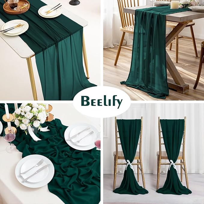 2 Pack 10 Ft Chiffon Table Runner Emerald Green Gauze Long Table Runners 27x120 - Image 3