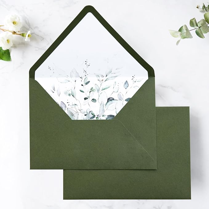 PONATIA 50PCS A7 Euro Flap Envelope, 5.25 x 7.25'' Olive Green Flowers Liner - Image 9