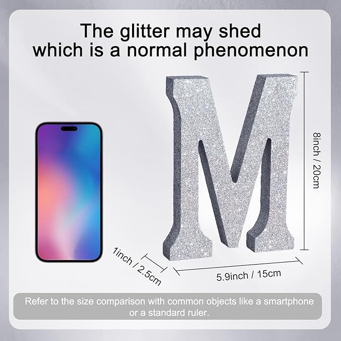 TONIFUL 8 Inch Silver Glitter Letter M Table Centerpiece A-Z Silver Birthday - Image 2