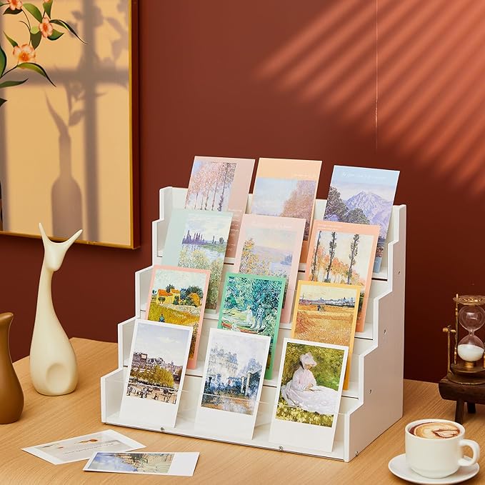 4 Tier Greeting Card Display Stand White Bamboo and Acrylic Sticker Display - Image 4