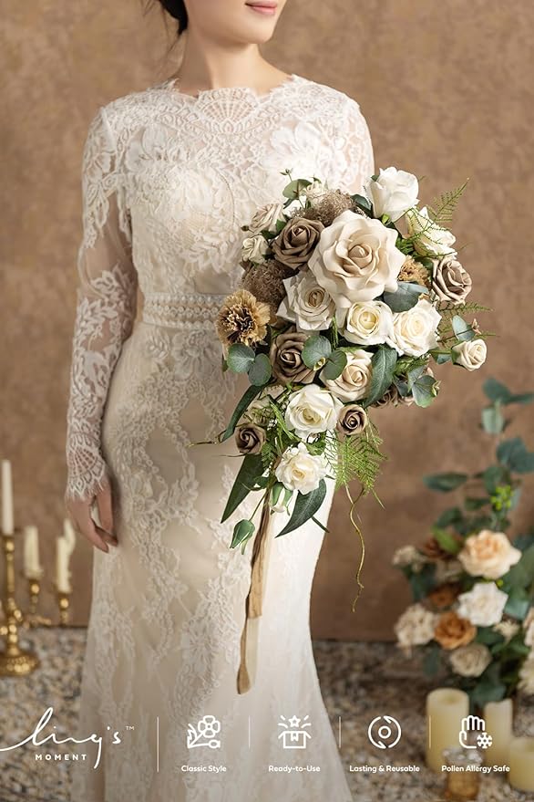 Ling's moment Intimate Brown Bridal Bouquet Cascading, 13 Inch Bride Bouquets - Image 4