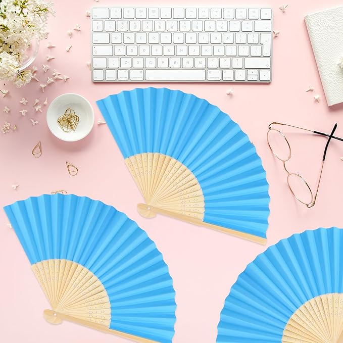12 Pieces Blue Hand Held Bamboo Folding Fans Paper Fans Handheld - Image 6