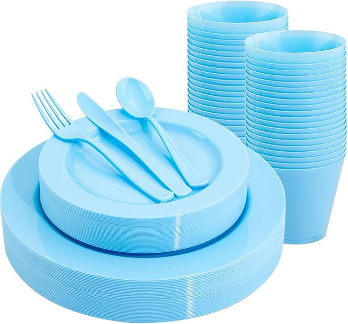 KIRE 150 Piece Blue Plastic Plates Disposable by KIRE