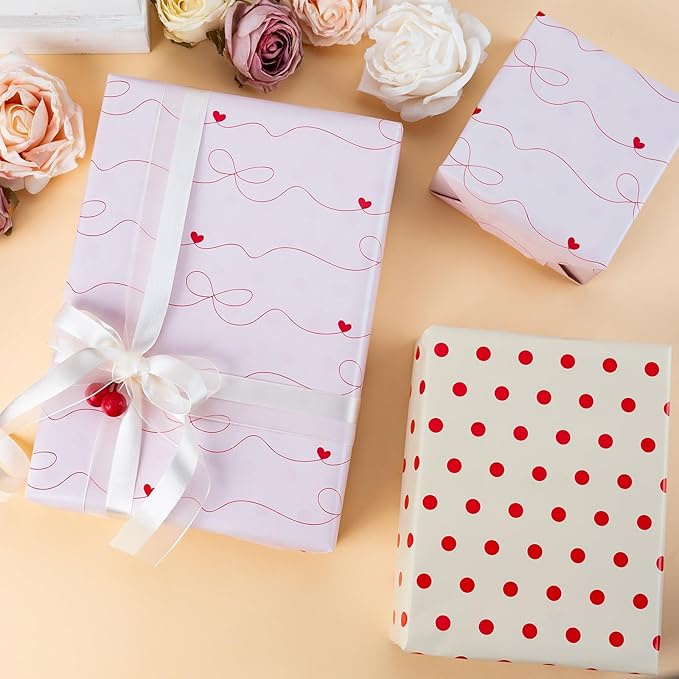 Flyhill Polka Dot Wrapping Paper, Reversible Pink Beige Elegant Heart & Bow - Image 6